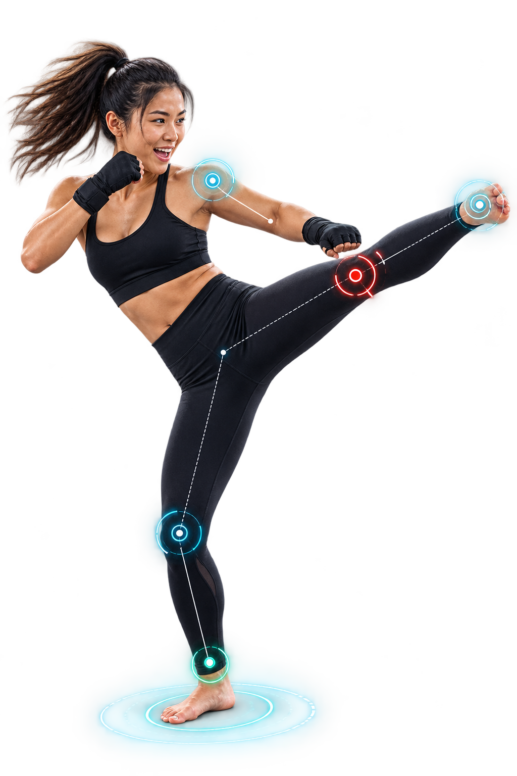 Martial artist mid kick with senseii motion tracking markers on joints