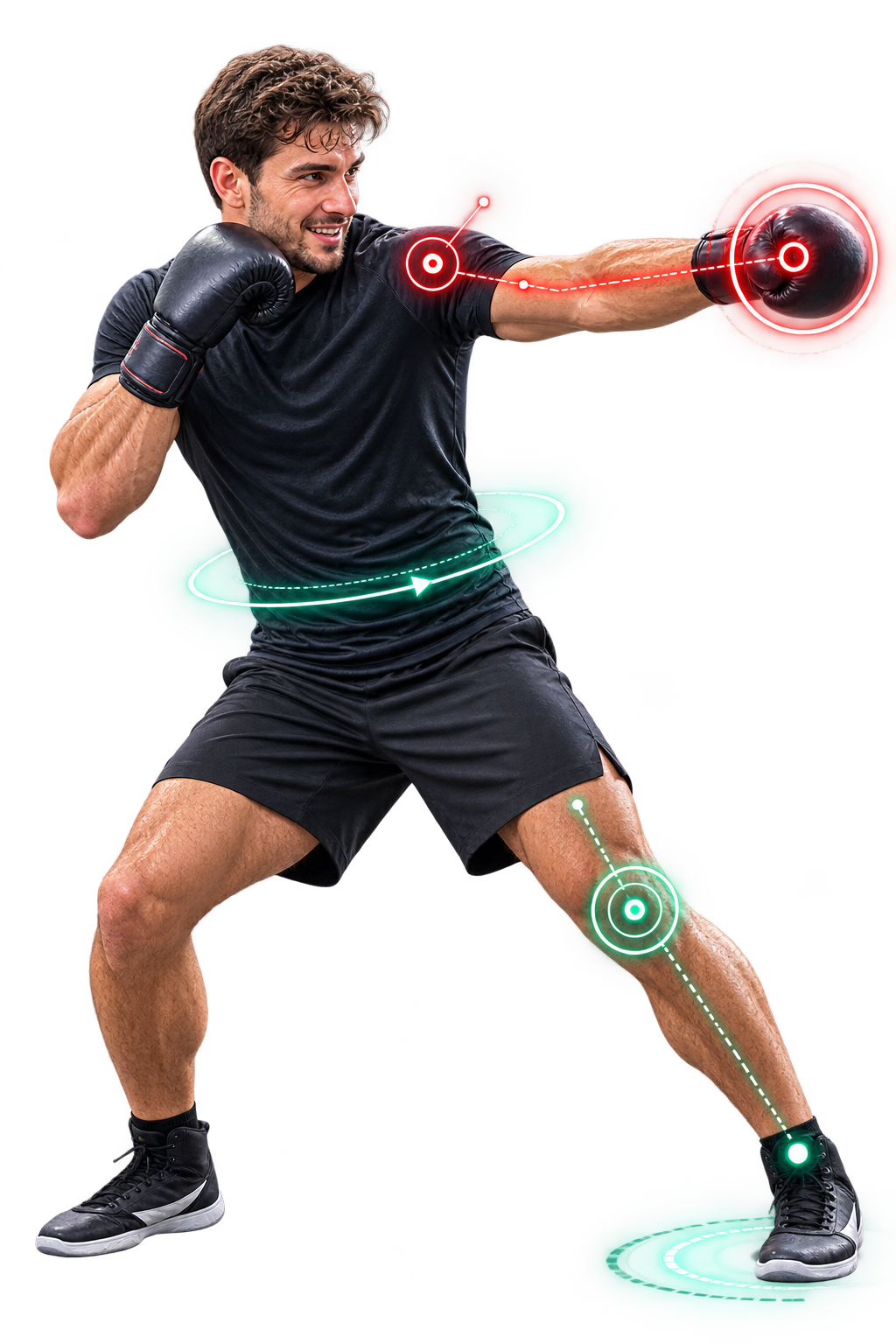 Boxer throwing a straight punch with senseii tracking markers on shoulder, hip and knee